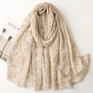 Elegant lightweight scarf with gold leaf patterns and fringes for women's travel style