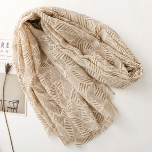 Detail of leaf pattern scarf with gold foil accents and natural fringed edges