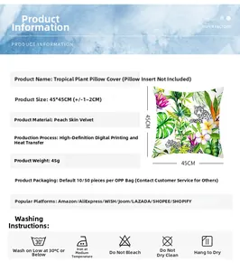 Detail of tropical floral peach skin pillowcase showing 45x45cm size and digital print