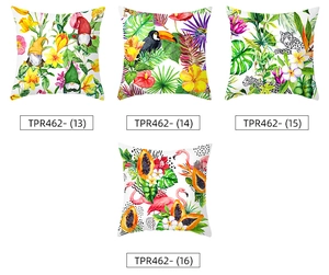 Detail view of four tropical floral pillowcases featuring toucan and flamingo patterns