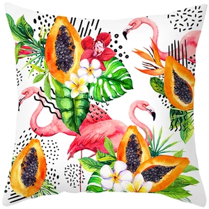 Tropical pillow case with flamingo, papaya and hibiscus floral print on white background