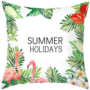 Floral flamingo cushion cover with Summer Holidays text on white background