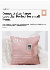 Detail of pink waterproof pillow cover with front pocket and 'MOM' definition print