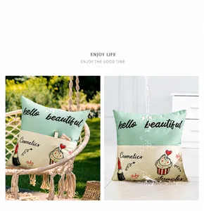 Detail of waterproof outdoor pillow cover with storage pocket and hello beautiful print
