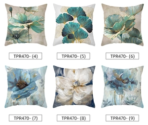 Collage of six square peach skin pillow covers with green ginkgo and floral patterns