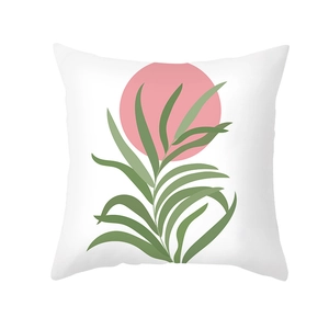 Morandi style decorative pillowcase with green leaves and pink circle on white background