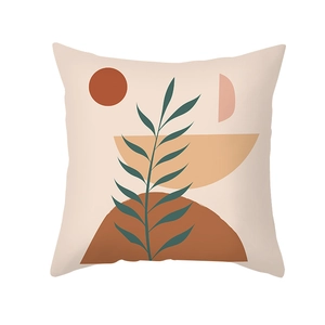 Morandi style peach skin pillowcase with abstract green leaves and geometric earth tones