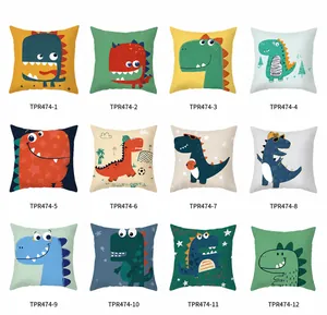 Macro display of twelve cartoon dinosaur patterns on soft peach skin pillowcases