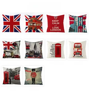 Grid view of polyester pillow covers featuring London landmarks and Union Jack motifs