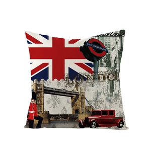 British style pillow case with Union Jack flag and London landmarks on white background