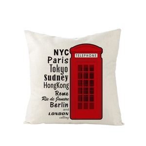 British style pillow cover with red phone booth print and world city names art