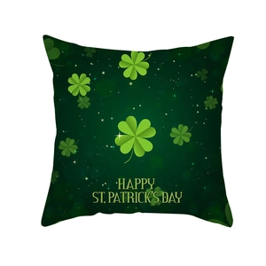 Macro detail of St. Patrick's Day pillow case with green clovers and festive text
