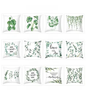 Detailed grid showing twelve fresh green plant prints on soft peach skin pillow covers