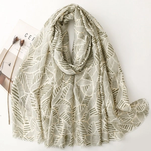 Women Scarf Shawl Thin Satin Leaf Print Gold Stamping Fringe Bandana All Season Elegant Travel Wrap