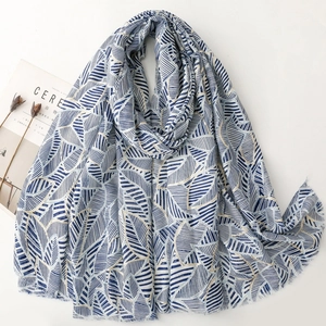 Elegant white shawl with navy leaf prints, soft lightweight scarf for women's travel