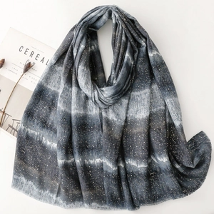 Grey-blue gradient cotton linen scarf with sparkling gold foil details and frayed edges