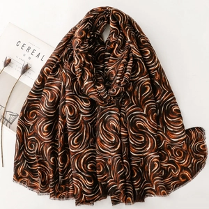 Écharpe en coton et lin à motif abstrait marron et beige avec bordures à franges