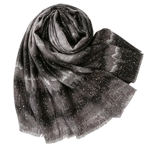 Gray and black gradient satin cotton linen scarf with starry print and fringe edges