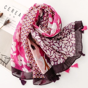 Bohemian floral cotton linen scarf with tassels in rose pink and purple colors