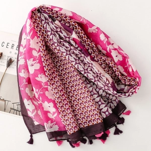Bohemian floral scarf with pink and purple color block patterns and tassels