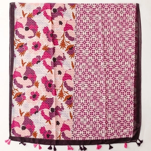 Bohemian floral cotton-linen scarf with geometric patterns and fringe tassels