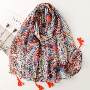 Bohemian Paisley Floral Tassel Scarf For Women Lightweight Polyester Shawl For Travel Beach Sun Protection Decorative Wrap