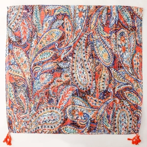 Bohemian paisley square scarf with vibrant orange floral patterns and tassel charms
