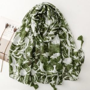 Vintage forest green floral scarf with fringes and botanical hand-painted print style