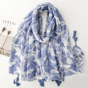 Vintage Floral Print Scarf Large Ethnic Style Wrap Shawl With Tassels Breathable Polyester Voile Travel Beach Sun Protection For Women