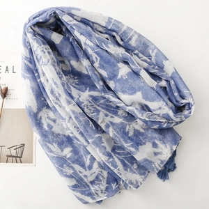 Vintage blue and white floral scarf with elegant tassels for women's travel styling