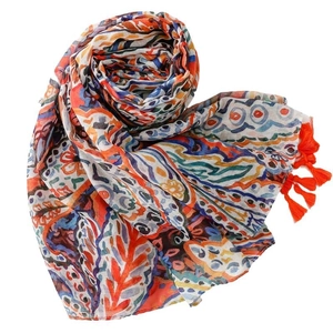 Bohemian paisley floral scarf with colorful prints and orange fringes for women
