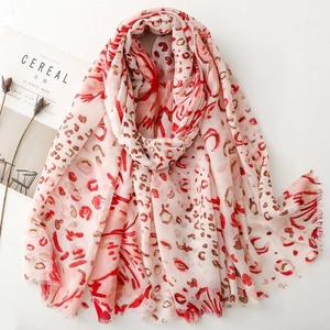 Elegant lightweight leopard floral satin scarf wrap for women with frayed edges