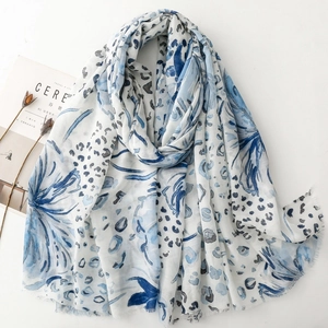 White leopard floral silk scarf with blue ink print and soft tassels for women
