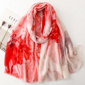 Red marble print satin scarf for women lightweight shawl with frayed edges pashmina