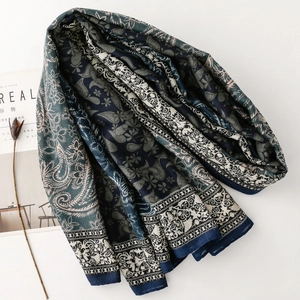 Detailed view of paisley print and vintage floral patterns on a dark blue long shawl