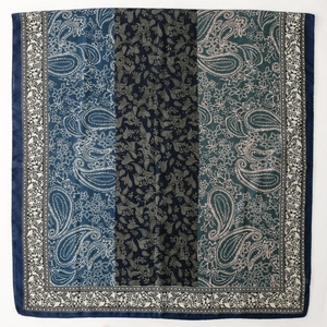 Detailed view of paisley and floral print pattern on a blue and purple silk shawl