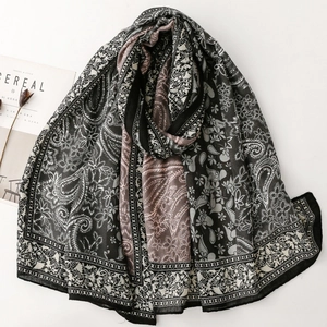 Bohemian paisley print shawl with elegant black and pink patchwork design for women