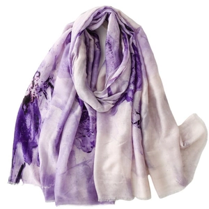 Elegant purple iris satin scarf with gold foil accents and artistic ink wash flower design