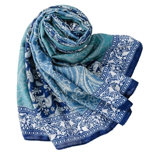 Navy blue paisley print scarf for women with elegant bohemian floral patterns