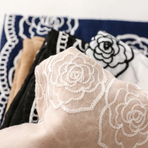 Close-up of rose embroidery textures and fine stitching on high-quality ethnic scarves