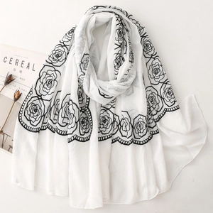 Ivory long scarf with black rose embroidery and lightweight breathable silk blend fabric