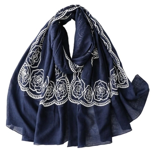 Dark blue ethnic scarf featuring elegant white rose embroidery and delicate wavy edges