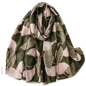 Women long scarf with ginkgo leaf print in dark green and pink with gold outlines