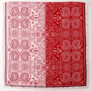 Detail of red and pink paisley pattern silk scarf with elegant floral print and fine edges