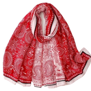 Elegant red Paisley printed scarf for women with bohemian patterns and starry borders