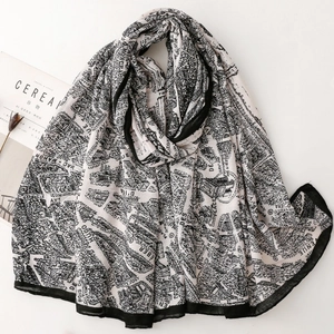 Modern hand-drawn map print silk scarf for women in minimalist black and white