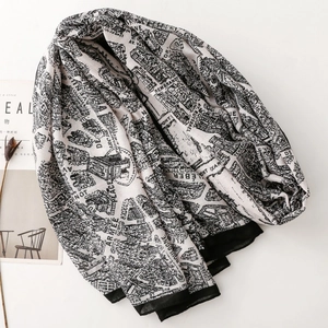 Detail of architect city map print scarf with black borders and elegant monochrome sketches
