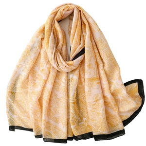 Modern hand-painted yellow and pink map print scarf with black borders for women