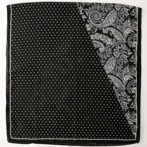 Elegant black and white square scarf with paisley floral patterns and classic polka dots