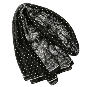 Elegant black and white rectangular scarf featuring paisley floral and polka dot patterns